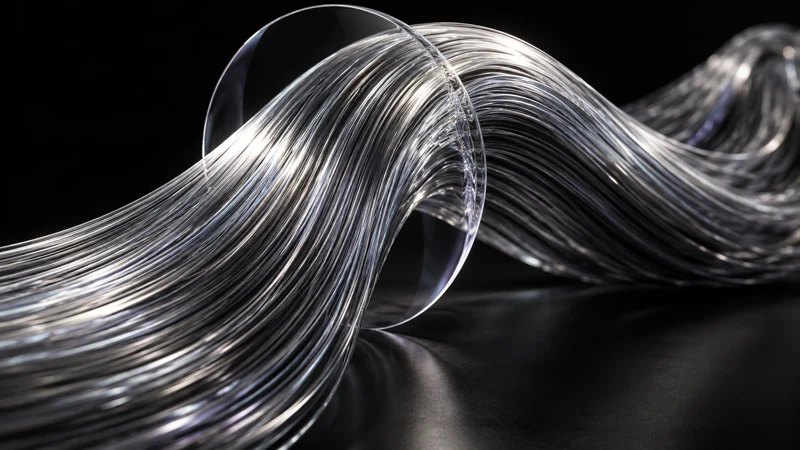 Eine große fließende Welle aus fein gebündelten optischen Glasfasern