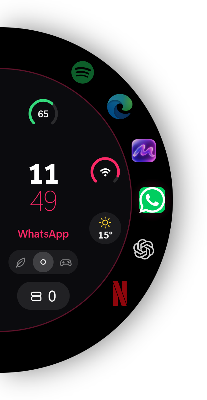 Original geöffnetes Mira App-Rad mit Apps auf dem Bogen, Uhr, Akku, WLAN und Wetter